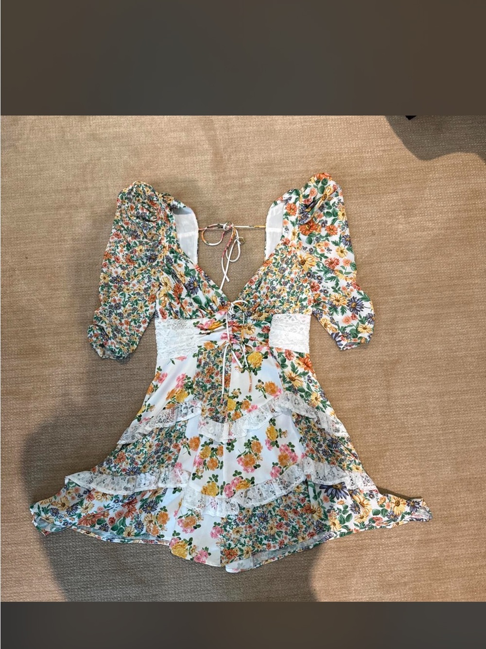 For Love & Lemons White Floral Tie-Front Mini Dress